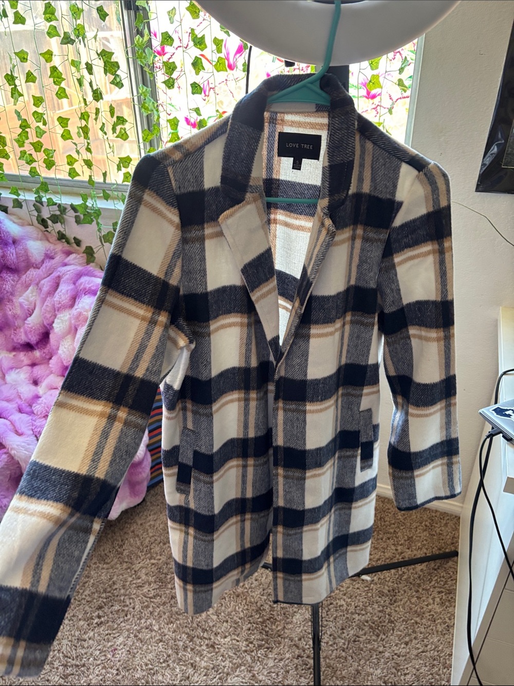 Love Tree Cream, Navy & Tan Plaid Open-Front Coatigan